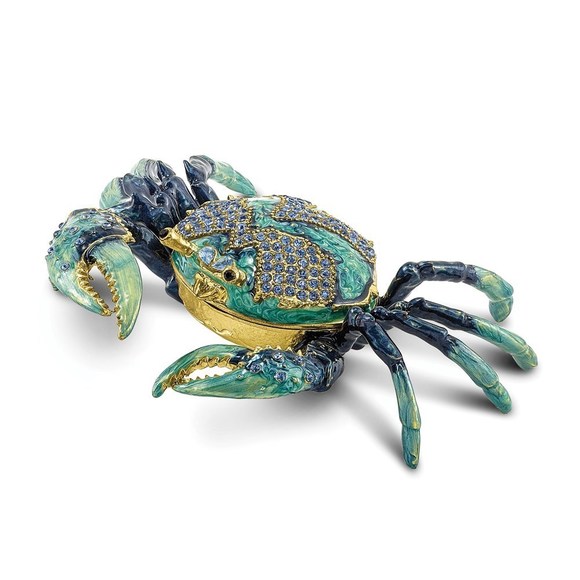Pewter Bejeweled Crystals Enameled CHESAPEAKE Blue Crab Trinket Box w Pendant - Picture 3 of 6